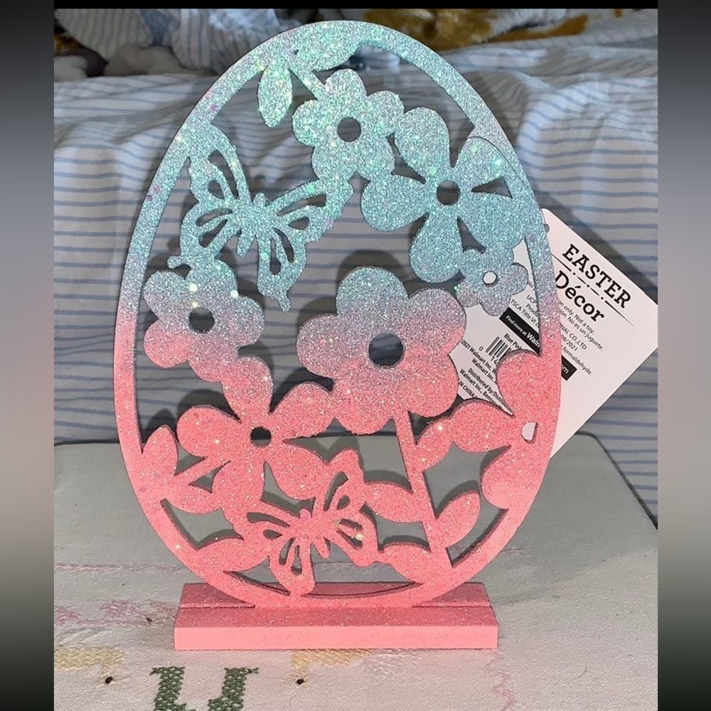 🤩3/$10 Ombre & Glitter Easter Egg Decor Laser Cut Wood Decor Pink & Blue